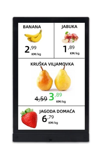LCD HD elektronska oznaka PM1019X s prikazom cijena za voće – banana, jabuka, kruška i jagoda