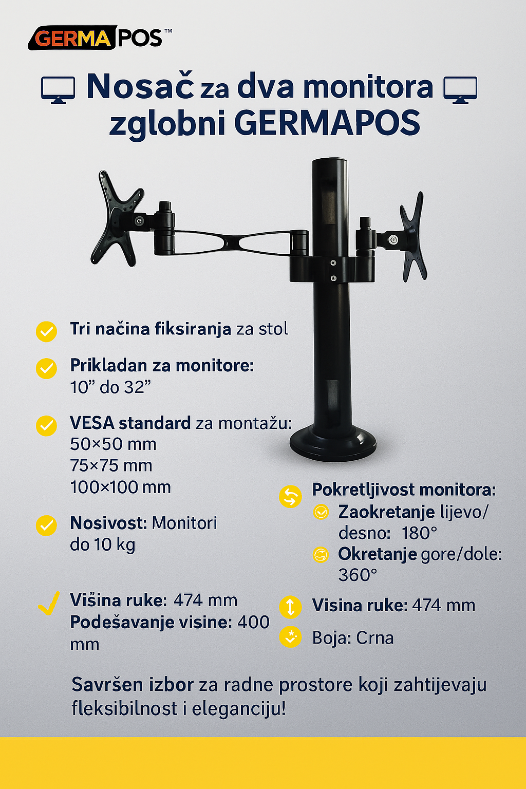 Nosač za Dva Monitora Zglobni GERMAPOS